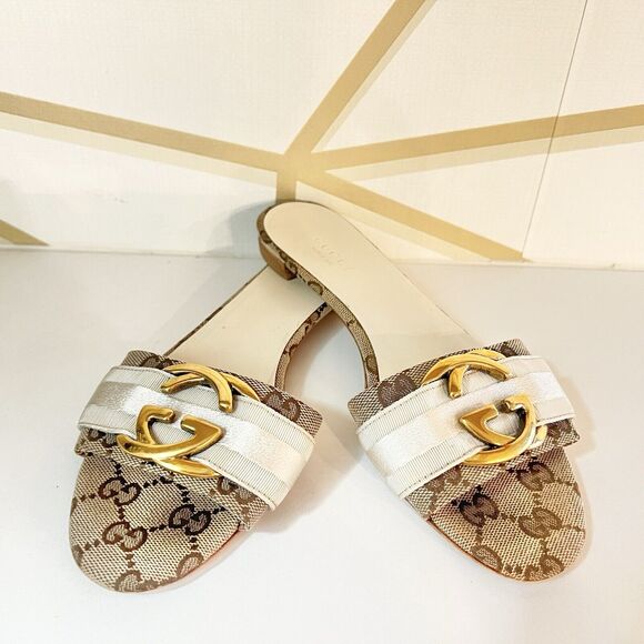 Gucci Brown Interlocking GG Supreme Canvas with Ribbon Slides Flats Size 36 - Picture 8 of 13